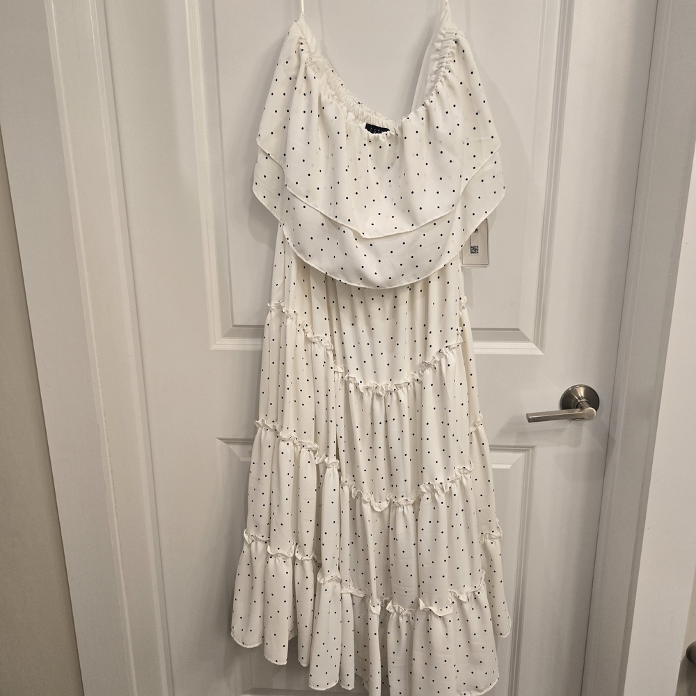 1. State Strapless Dress in White with Navy Dots